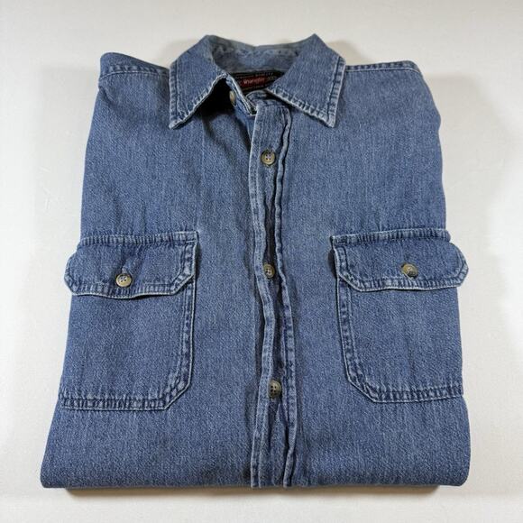 Vintage Wrangler Workwear Western Chambray Denim Oversized Shirt - Blue Mns M - Picture 1 of 9